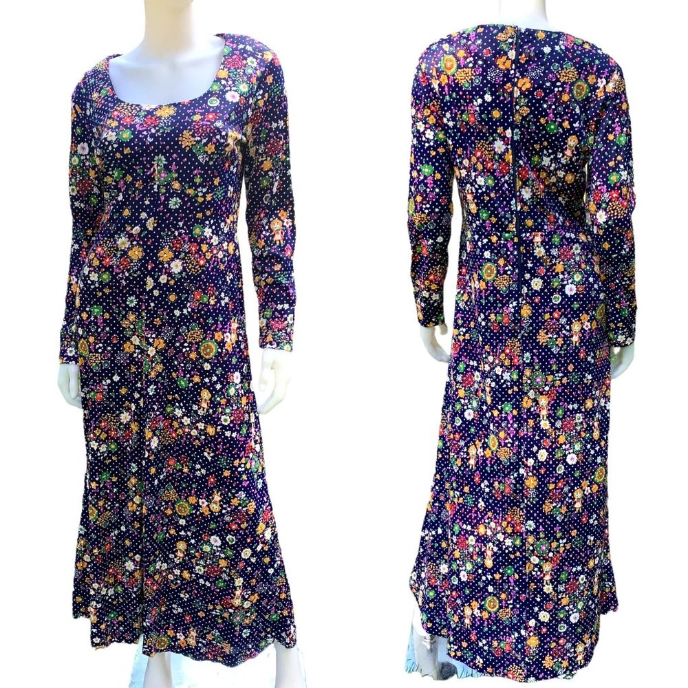 Vintage 70s Hostess Dress Long Sleeve Maxi Dimensional Print Dot Floral